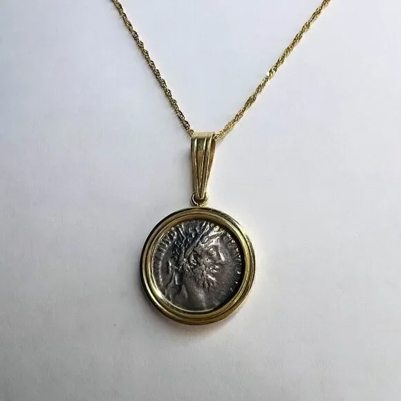 14k Gold Ancient Coin Necklace 18" Silver Roman Emperor Commodus 177-192 AD 5.7g - Picture 10 of 16